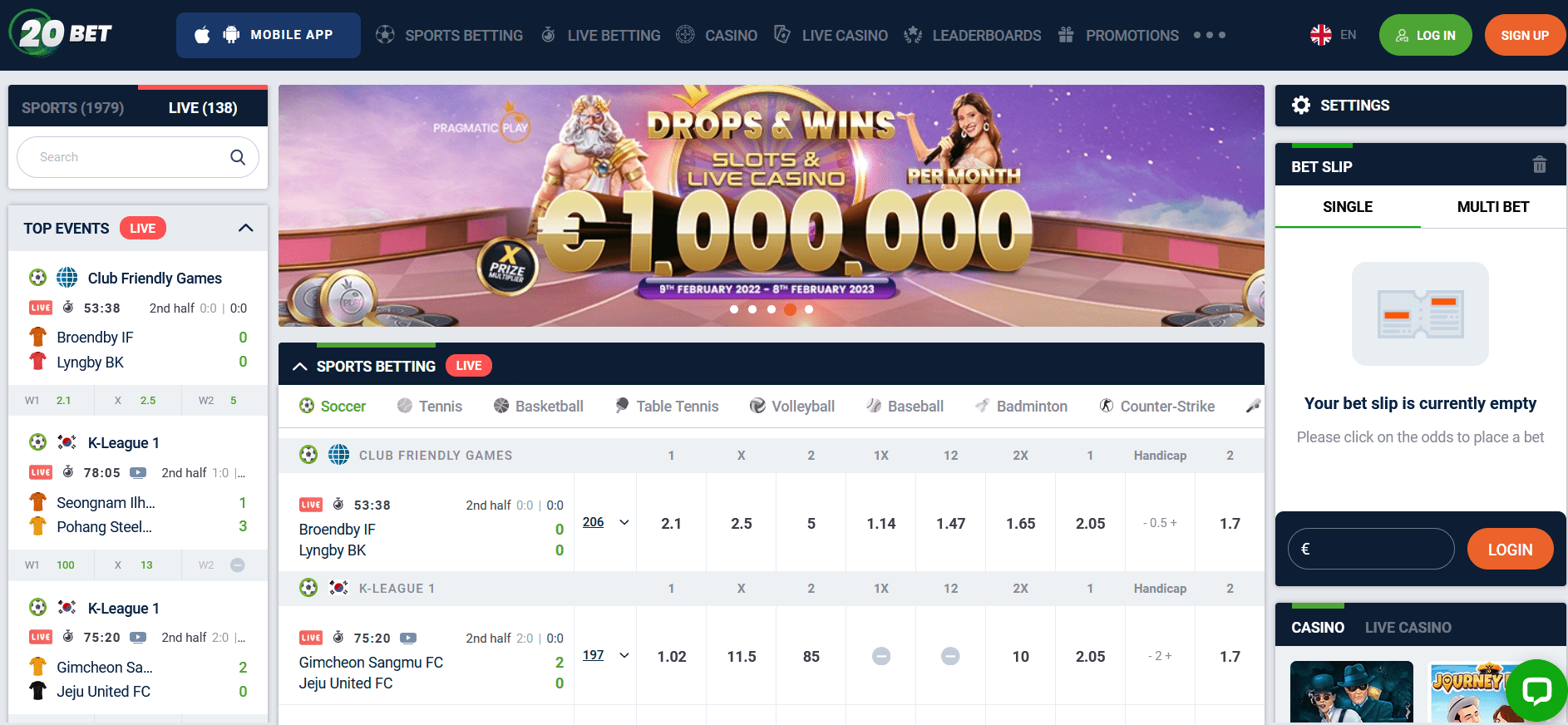 Main page of the 20bet bookmaker