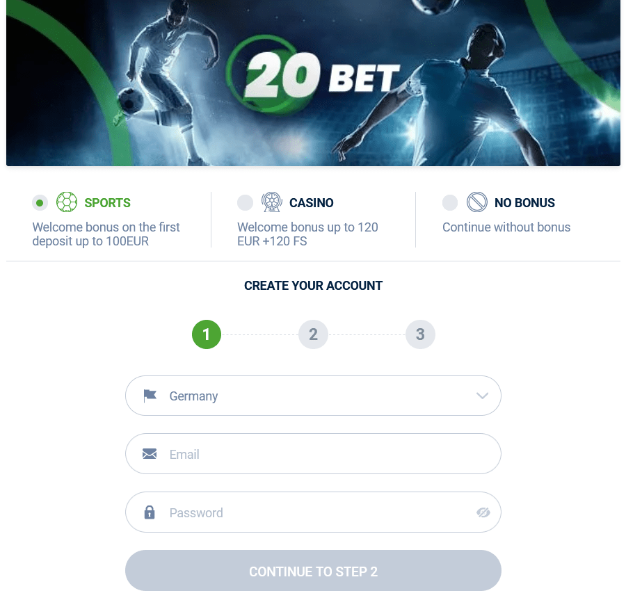 Registration field on the 20bet bookmaker website