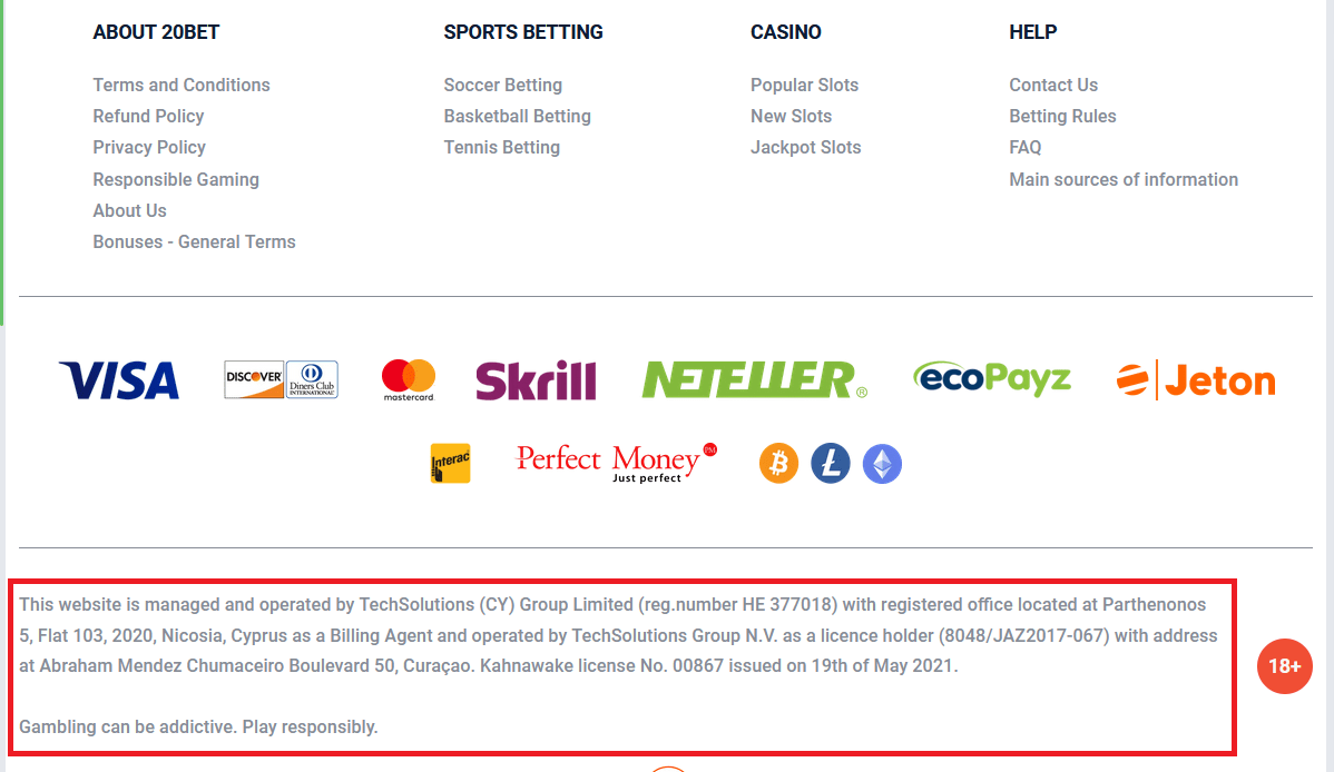 Bottom section of the 20bet bookmaker website