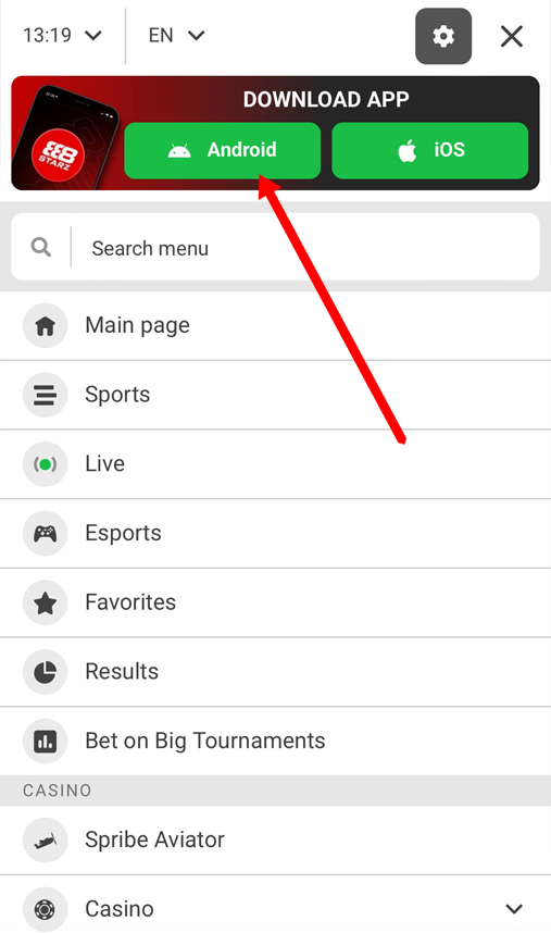 The 888Starz app download button
