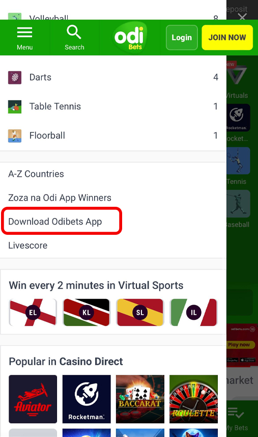 The Odibets app download button